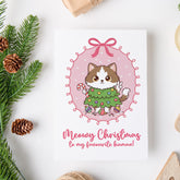Meowy Christmas Cat Card – Cute Cat in Tree Costume